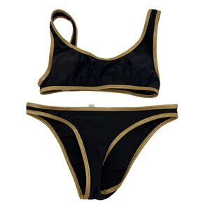 Aerie Womens Scoop Swimwear Bikini Set Size L Black Gold Lightweight Unpadded